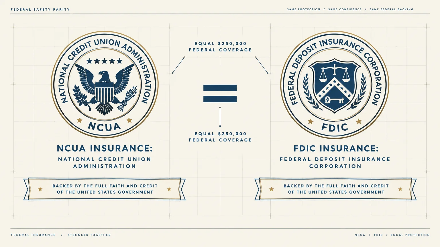 NCUA and FDIC seals shown side by side with an equals sign and text noting equal $250,000 federal coverage.