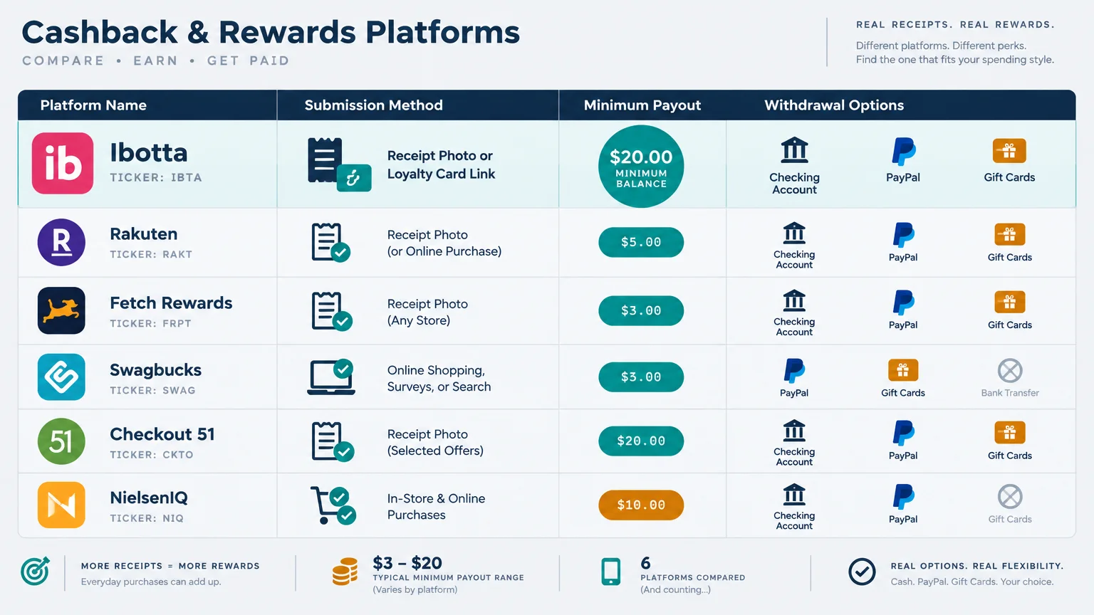 Comparison table of cashback apps showing submission methods, minimum payout amounts, and withdrawal options.