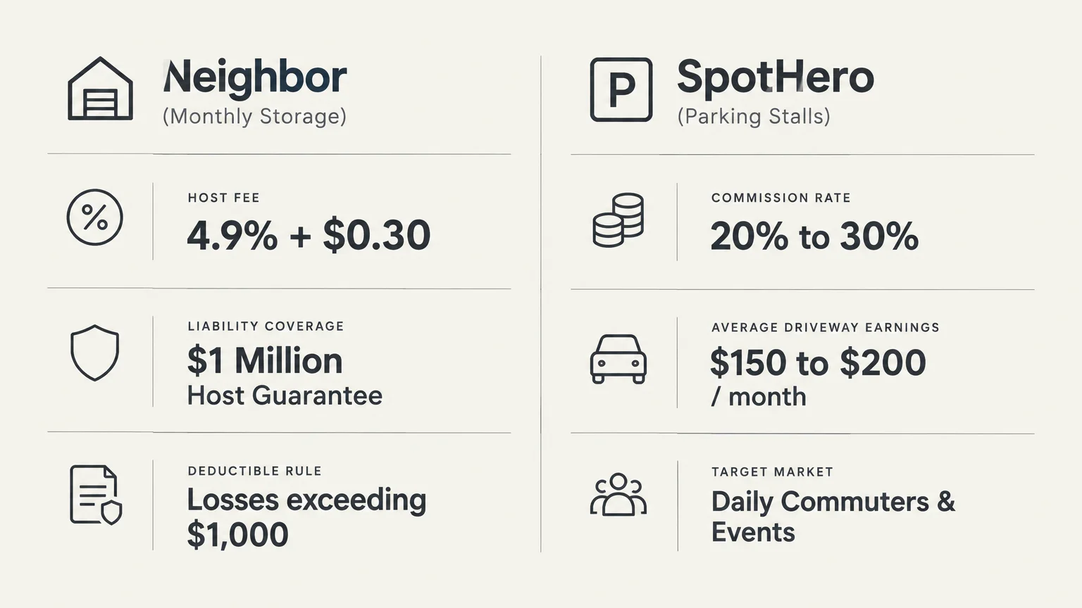 Comparison graphic showing host fees, liability coverage, and earnings metrics between Neighbor and SpotHero platforms.