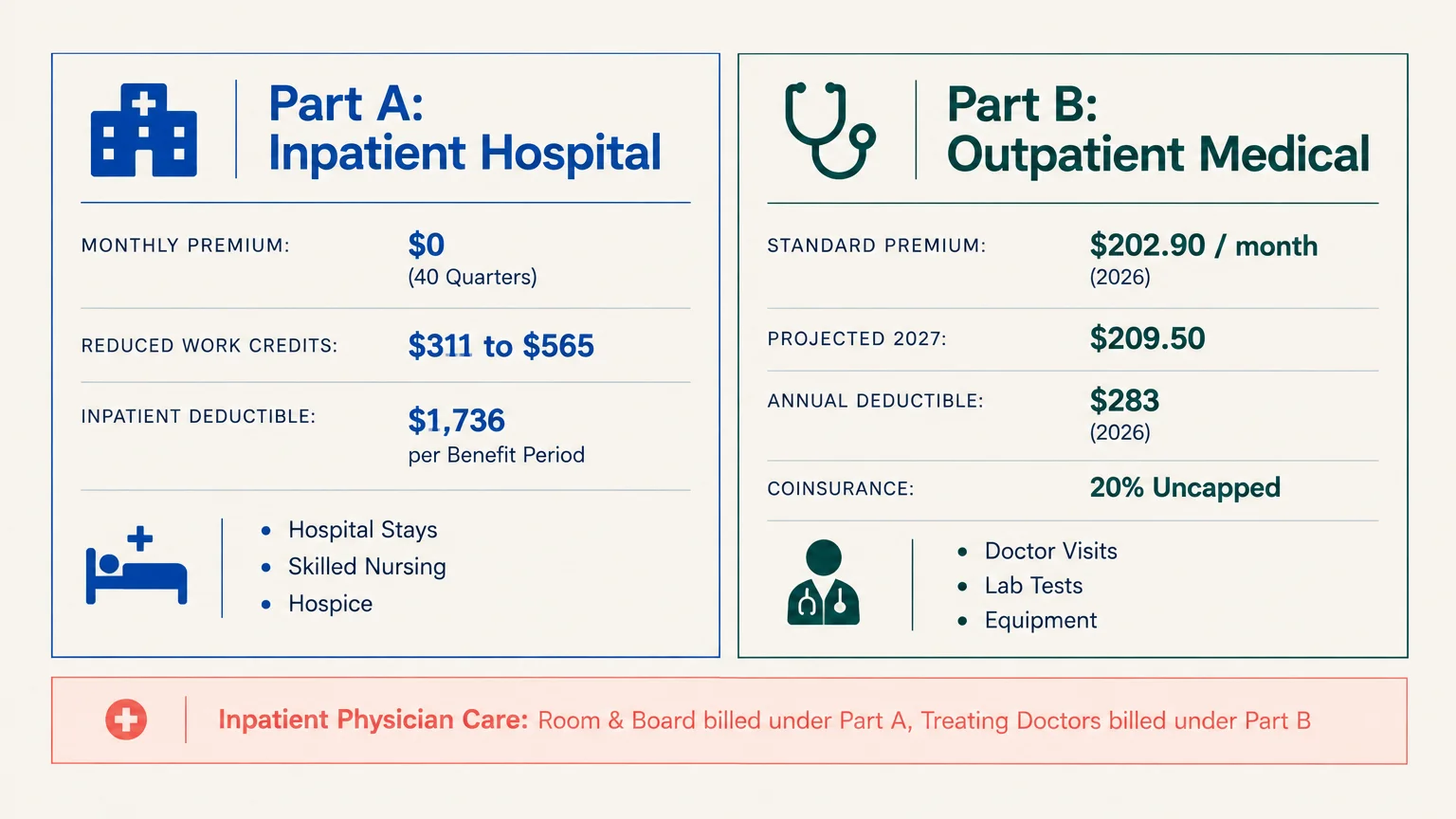 Diagram comparing Medicare Part A inpatient hospital coverage and costs with Part B outpatient medical coverage and costs.