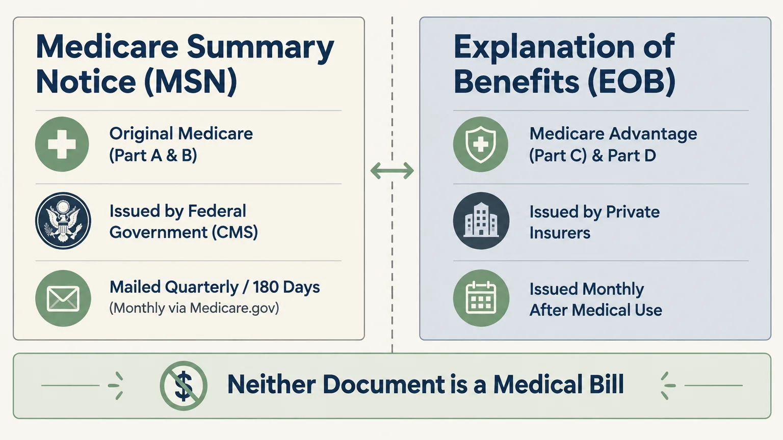 Comparison diagram between Medicare Summary Notice and Explanation of Benefits noting neither document is a medical bill.