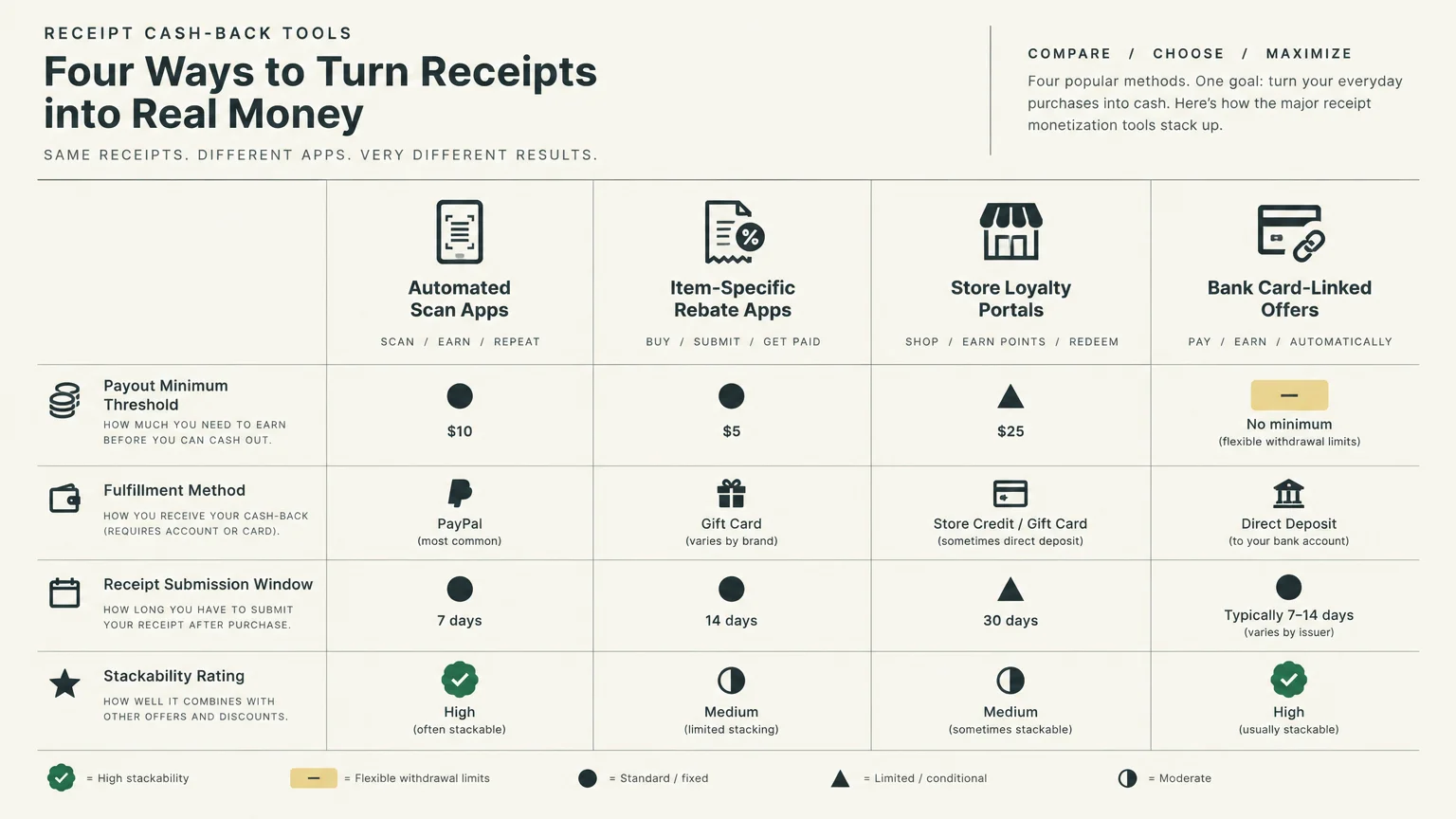 Comparison chart detailing payout minimums, fulfillment methods, submission windows, and stackability across four receipt cash-back tools.