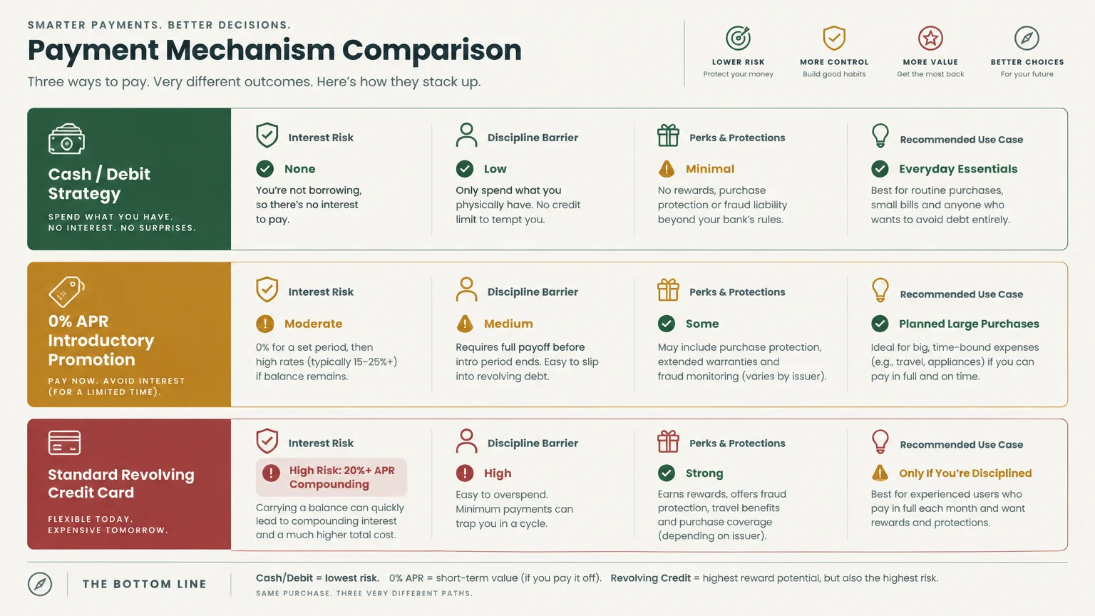 Infographic comparing cash or debit, 0% APR promotions, and standard revolving credit cards across risk and protection.