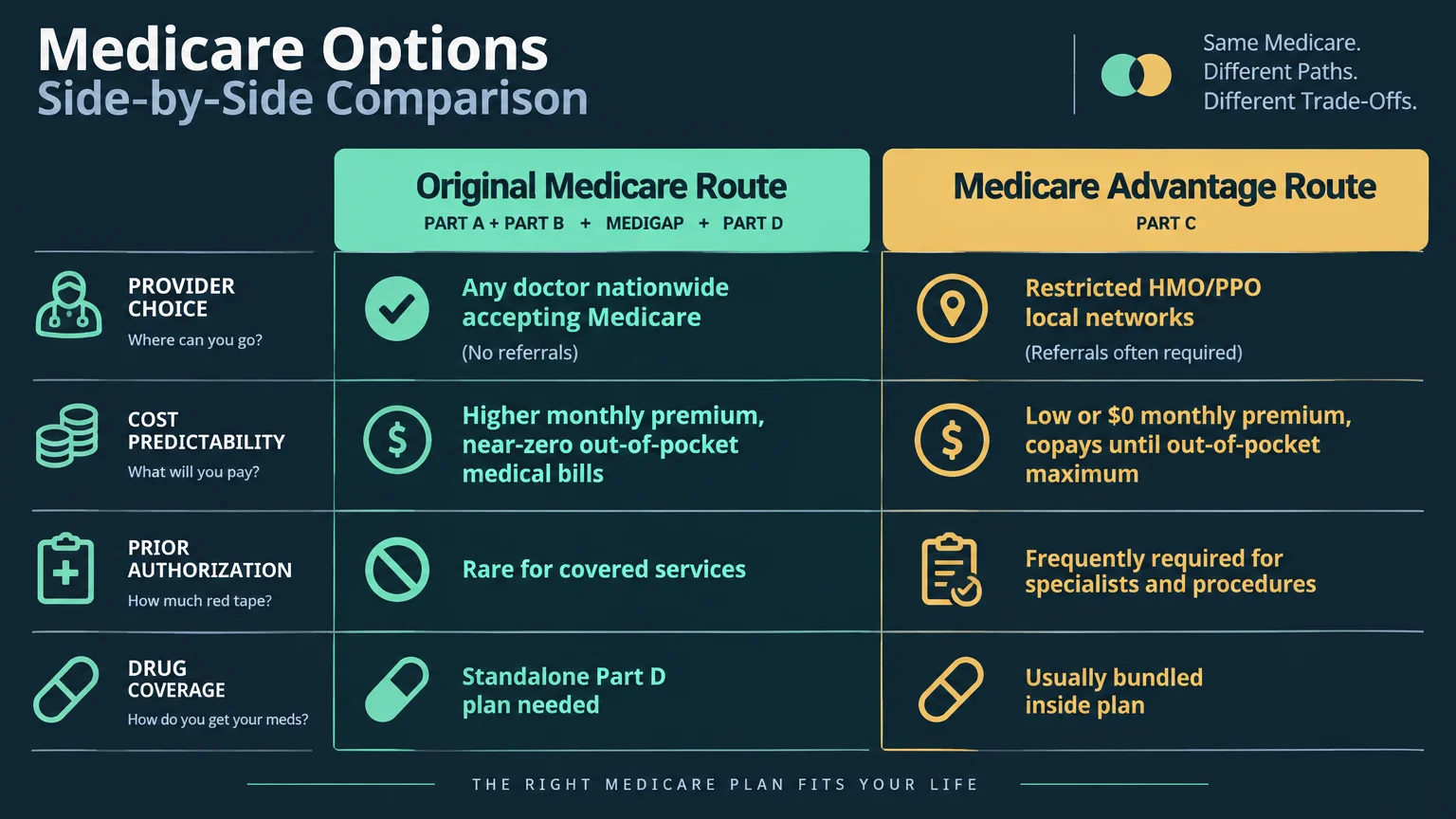 Infographic table comparing Original Medicare and Medicare Advantage across provider choice, cost, and authorization rules.