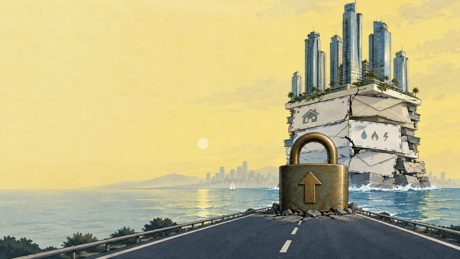 Illustration of modern city skyscrapers built atop a cracked stack of bills, blocked by a large padlock on a coastal road.