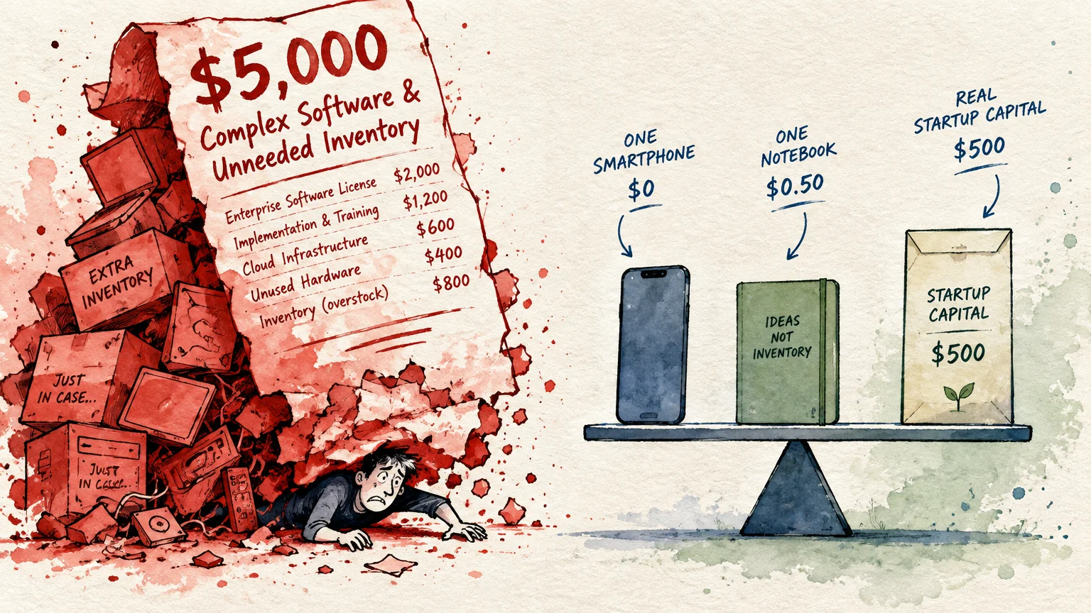 A man crushed under a $5,000 expense pile beside a scale balancing a smartphone, notebook, and startup capital envelope.