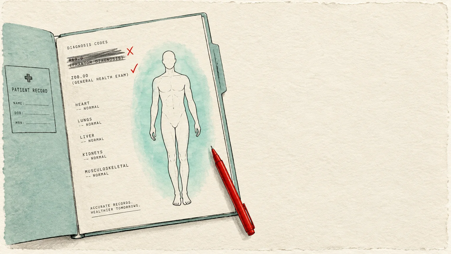 Illustration of an open patient medical record file showing a human body outline, diagnosis codes, and a red pen.