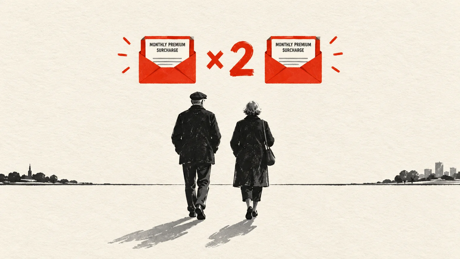 Illustration of an older couple walking away beneath two red envelopes labeled monthly premium surcharge multiplied by two.