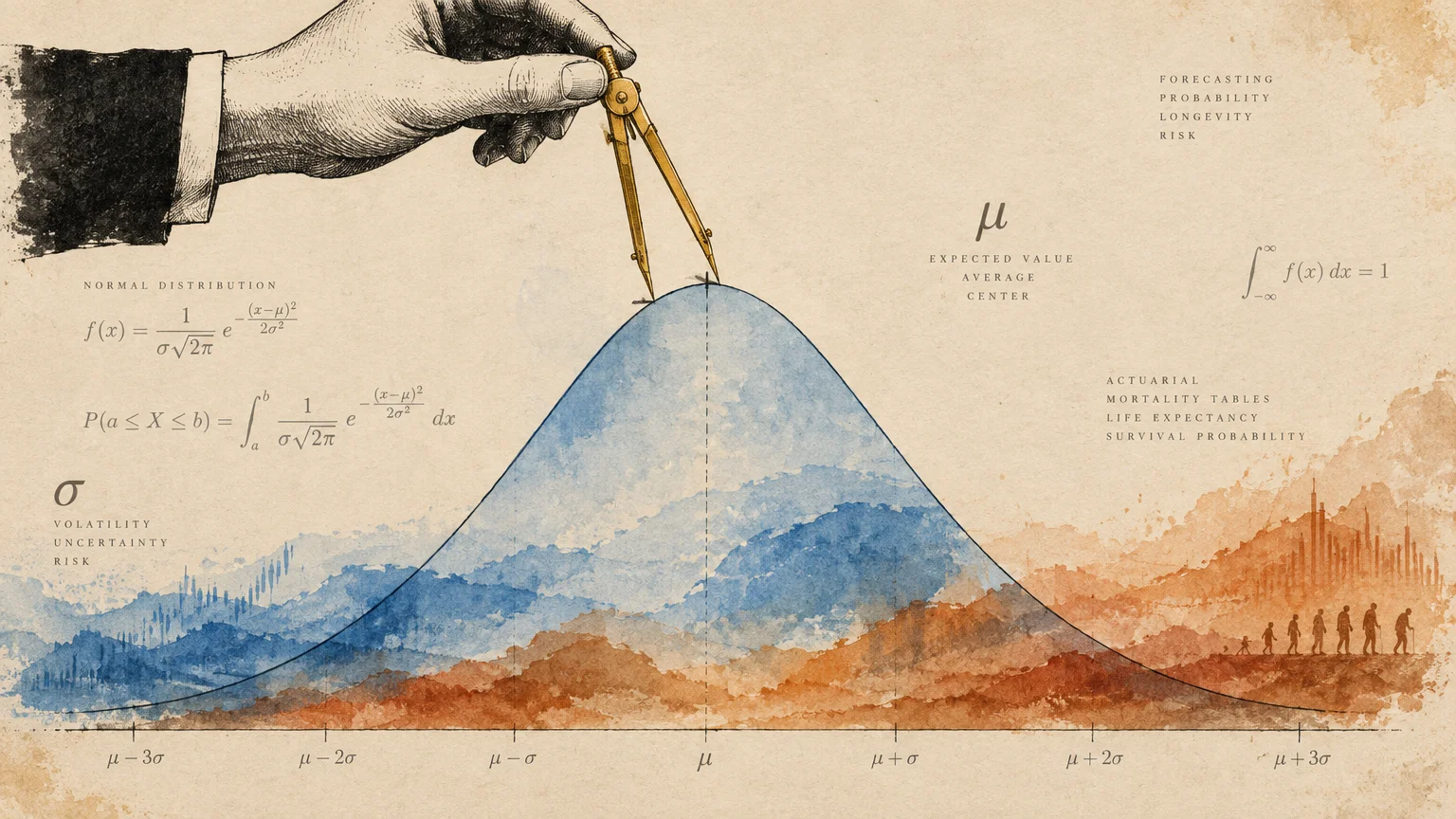 Illustration of a hand using a compass on a normal distribution curve with landscape textures and mathematical formulas.