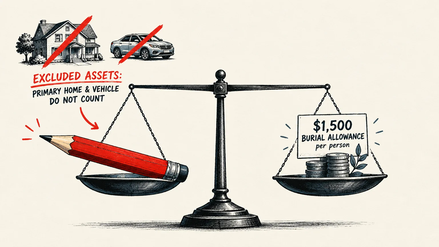 Illustration of a scale balancing a large red pencil against coins, with crossed-out drawings of a house and car above.