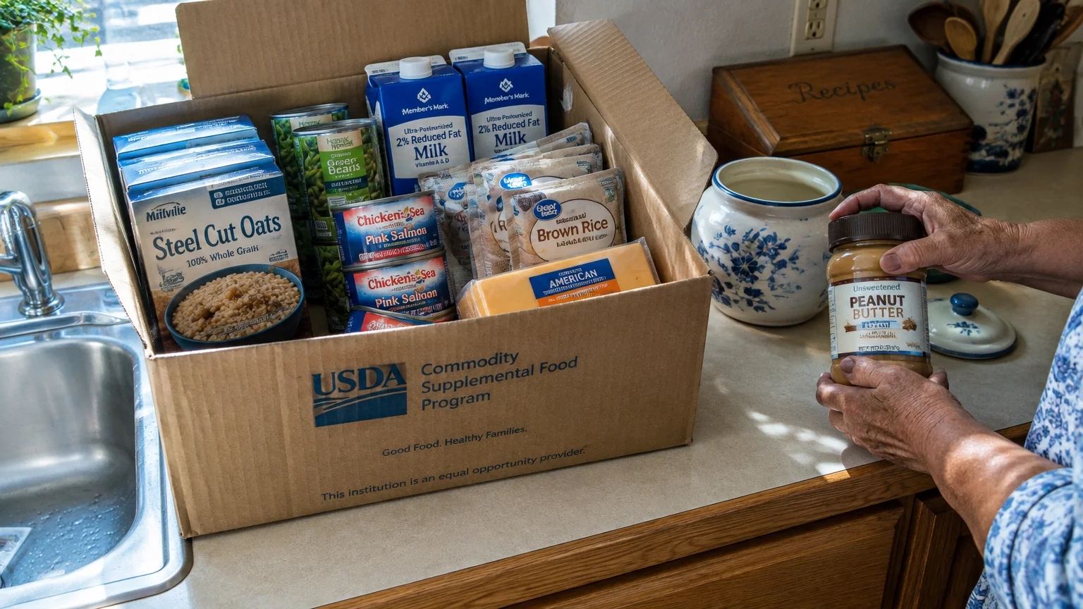 Hands hold a jar of peanut butter next to an open USDA cardboard box packed with canned goods and groceries on a counter.