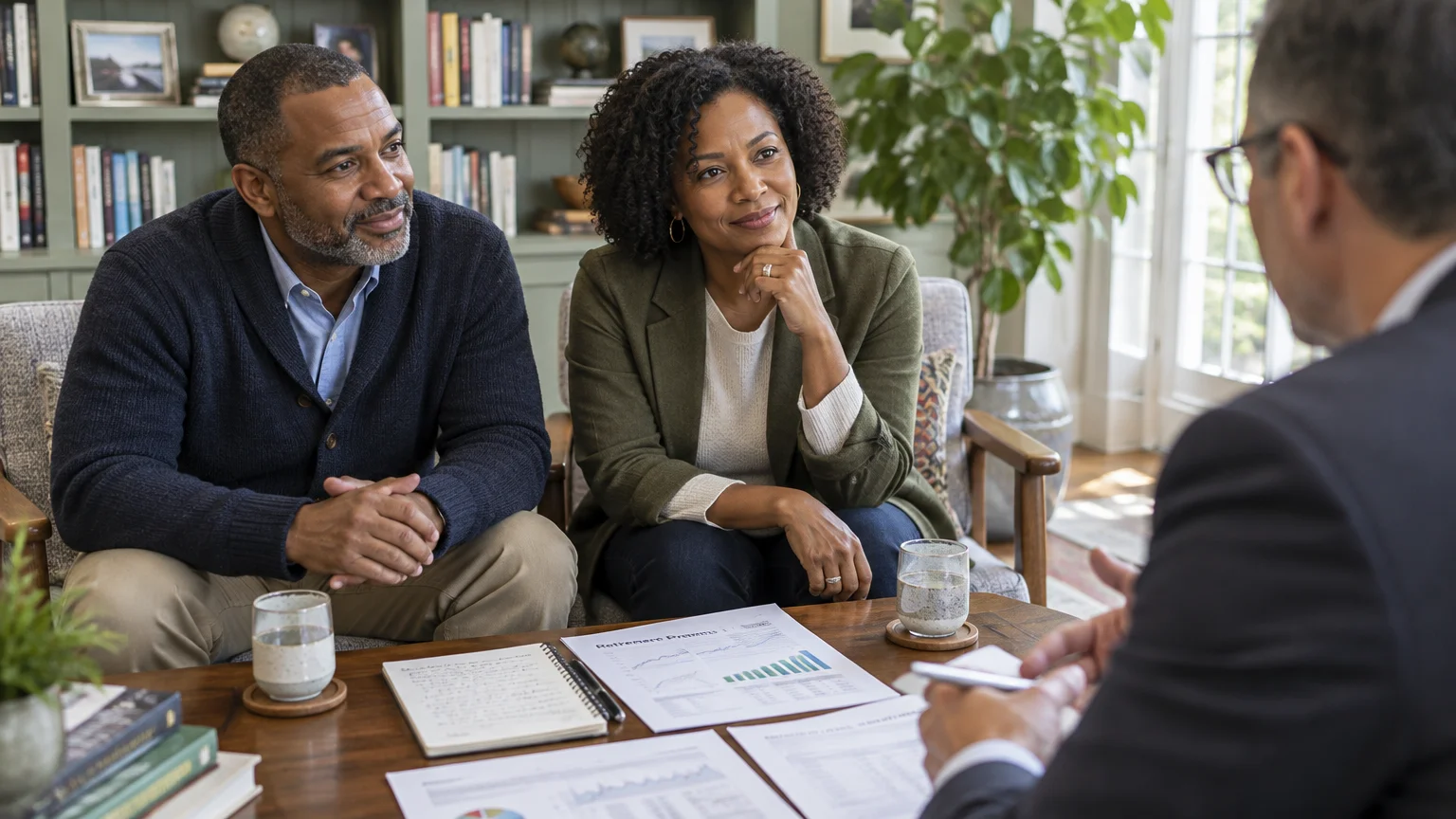 A mature couple sits on a couch listening to a financial advisor across a coffee table covered with documents.