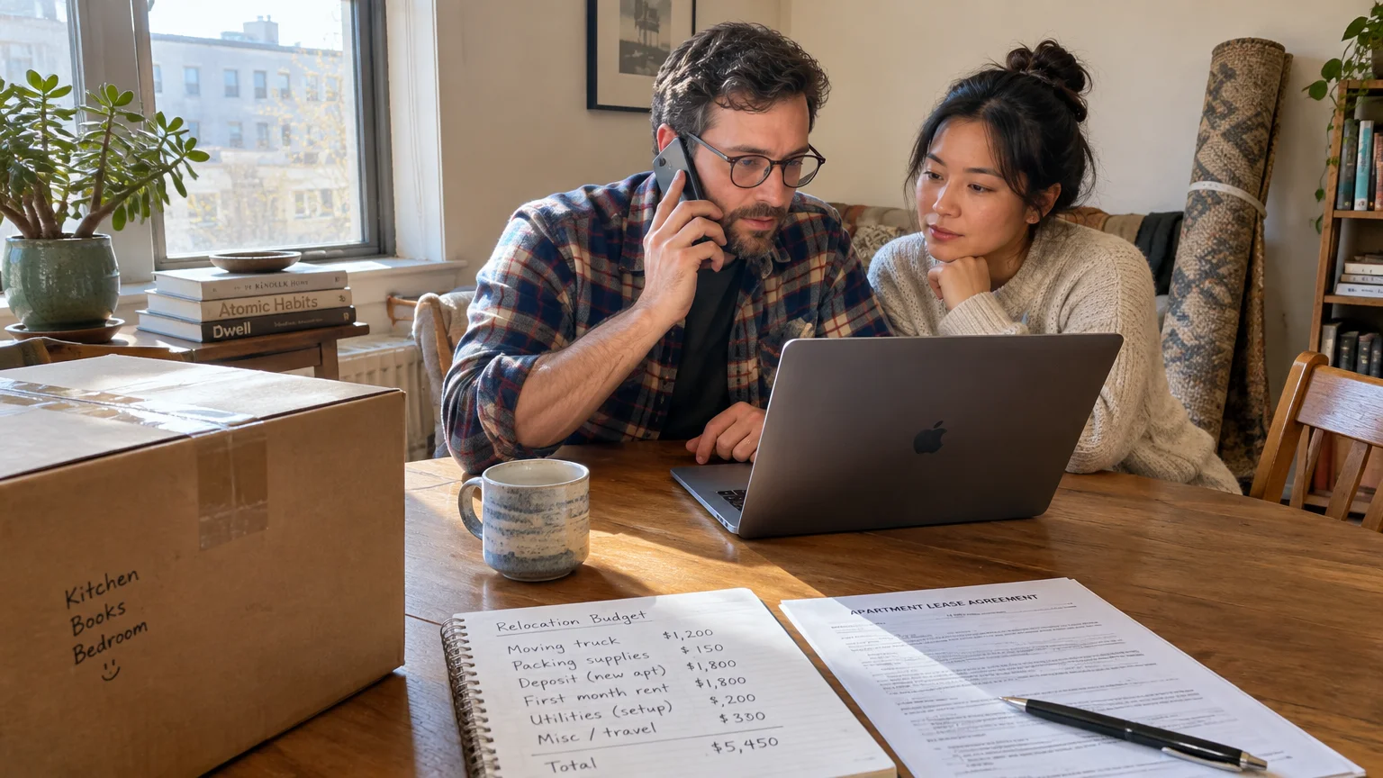 A couple sits at a table with a laptop, phone, handwritten relocation budget, and lease agreement amid moving boxes.
