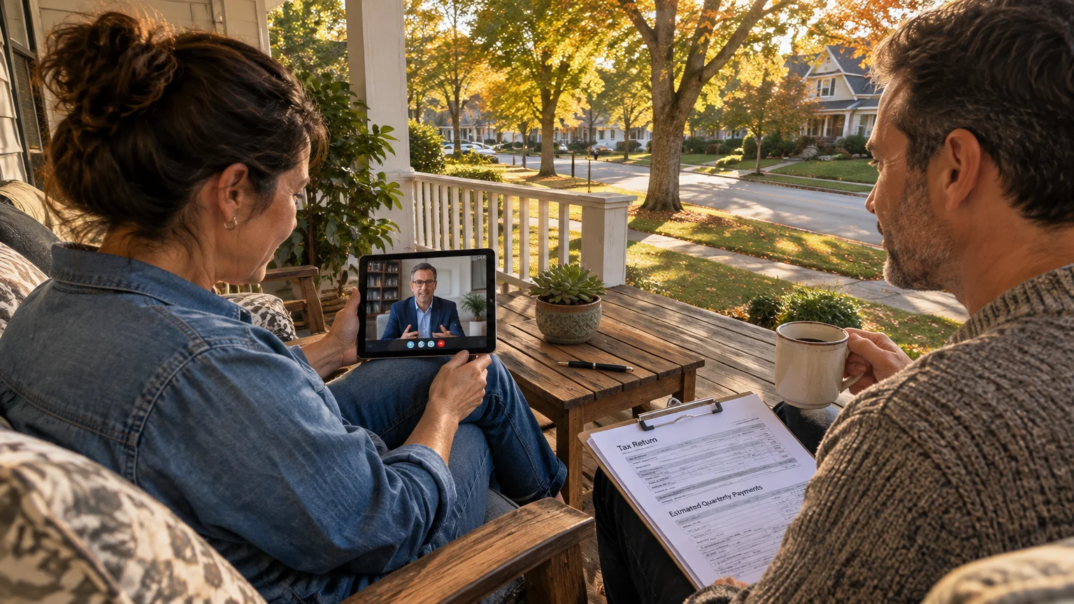 A couple on a porch video call an advisor on a tablet while reviewing tax return forms on a clipboard.