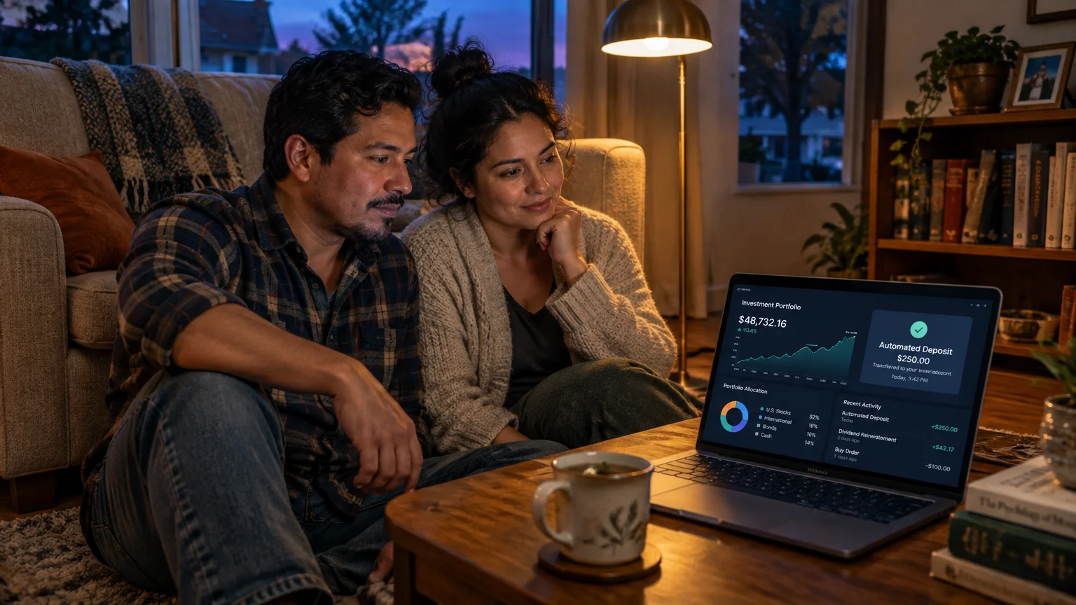 Couple sitting on living room floor looking at a laptop displaying an investment portfolio and automated deposit dashboard.