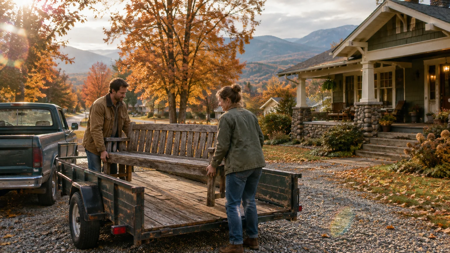A man and woman unload a wooden bench from a utility trailer outside a craftsman-style home against autumn mountains.