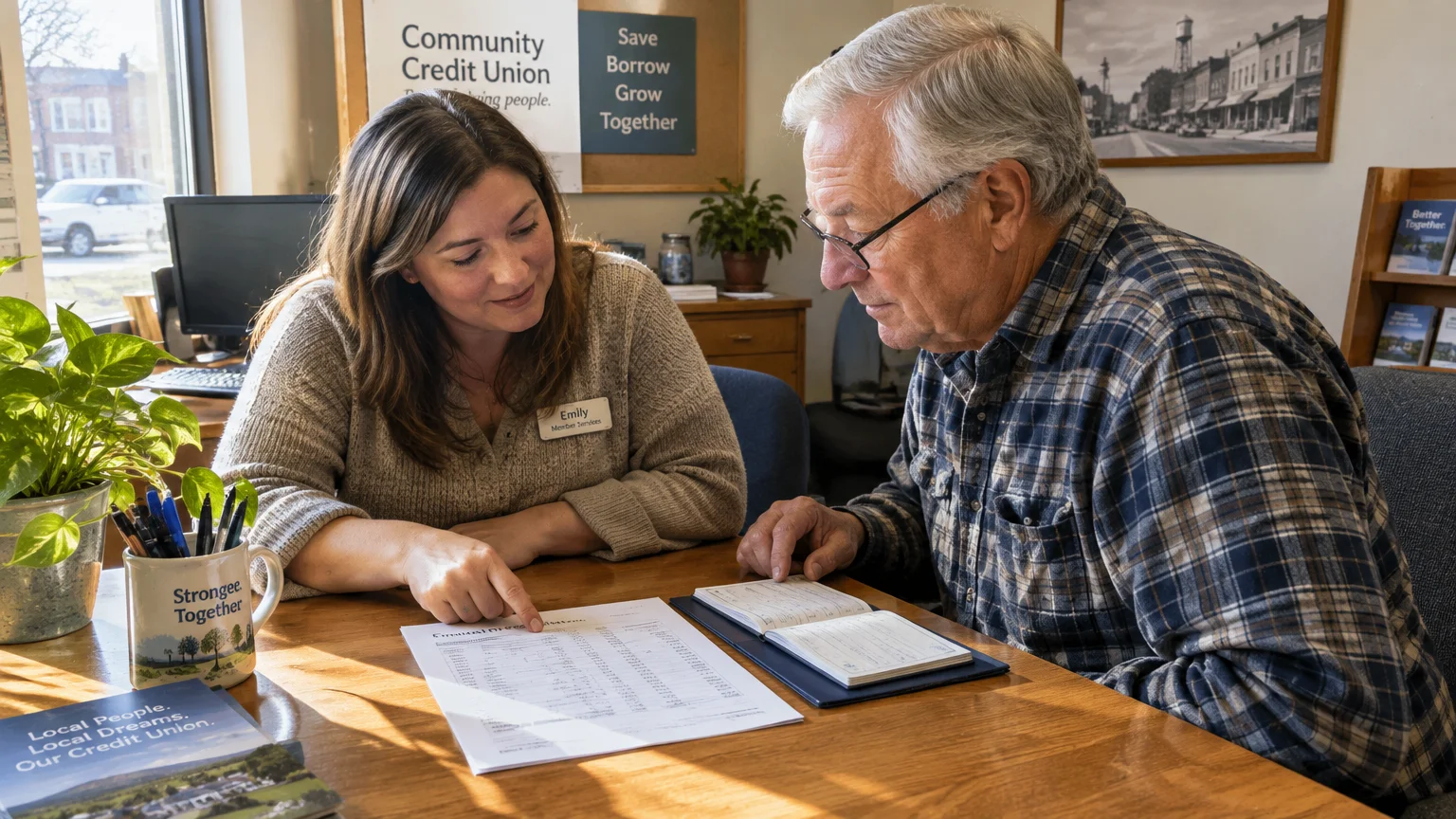 A female credit union employee reviews financial paperwork at a desk with an older man wearing glasses.