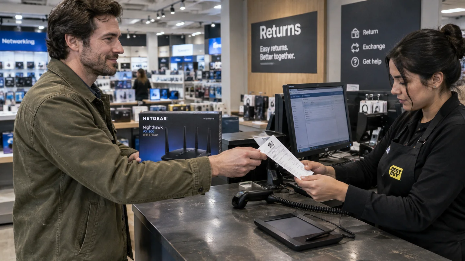 A man hands a paper receipt and a boxed router to a Best Buy employee at a customer service returns counter.