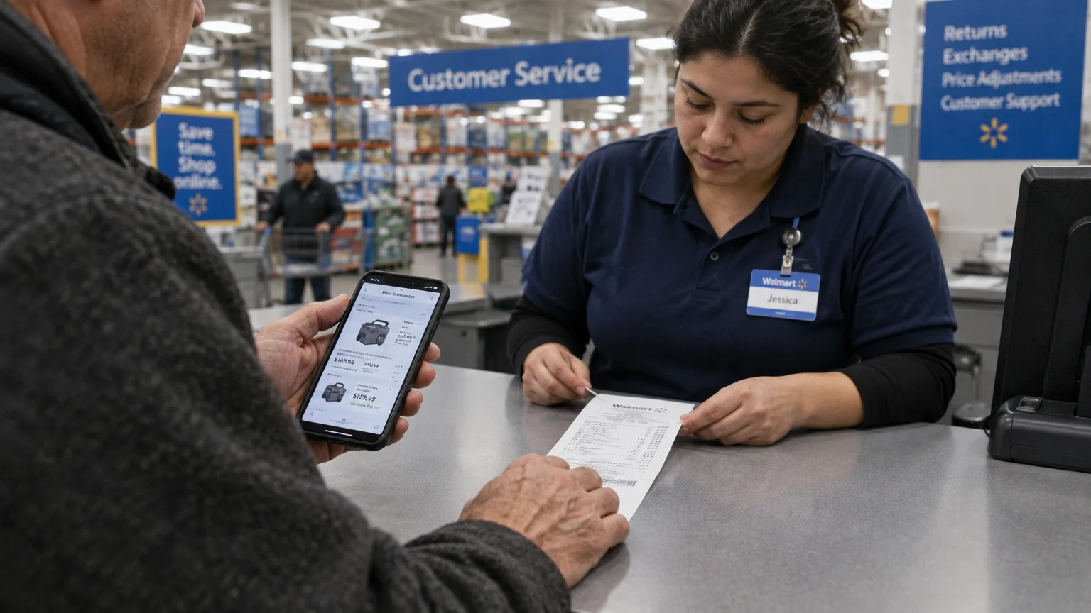 A customer shows a price comparison on a smartphone to a Walmart customer service employee holding a receipt at a counter.