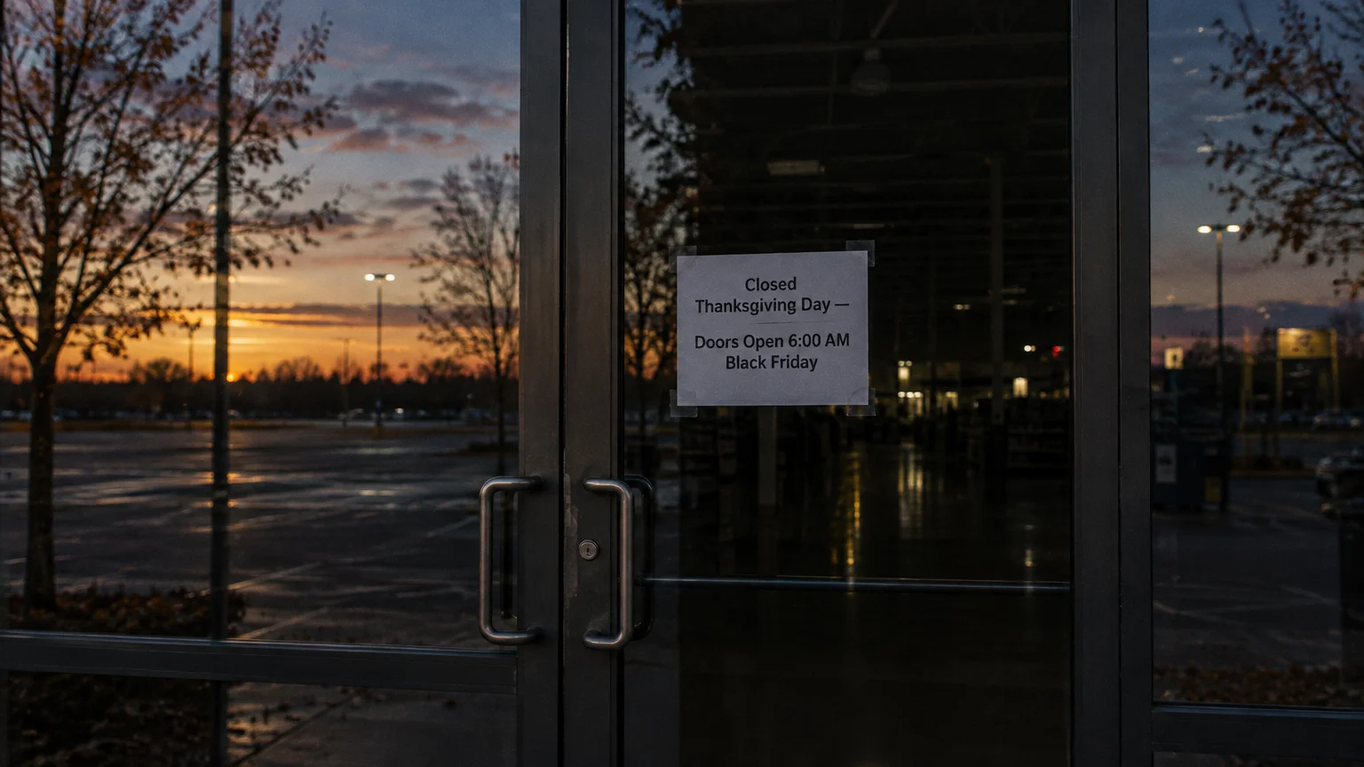A sign taped to dark retail glass doors reads Closed Thanksgiving Day Doors Open 6:00 AM Black Friday at sunrise.