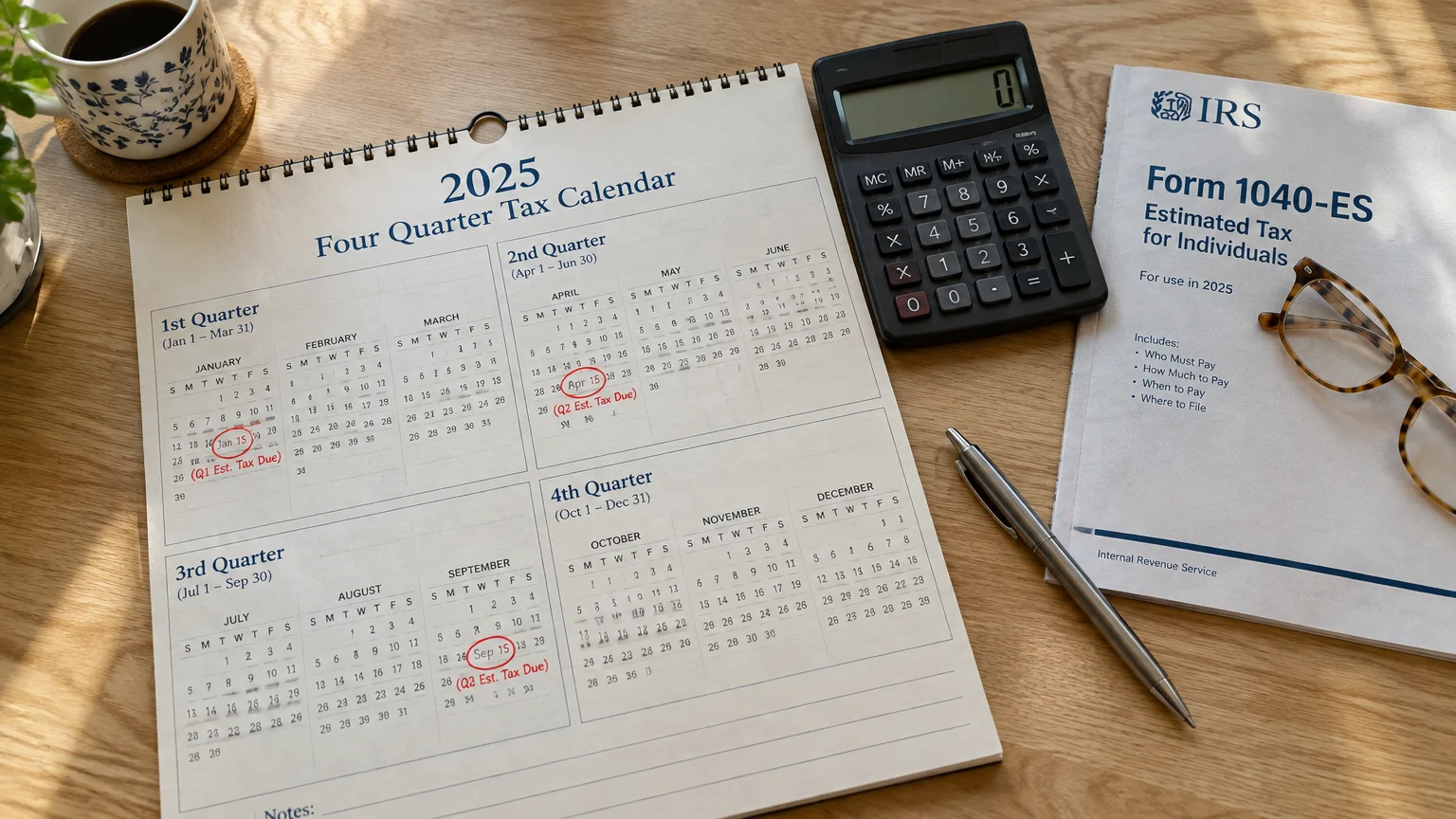 Tax calendar for 2025 with circled dates next to a calculator, pen, eyeglasses, and IRS Form 1040-ES document.