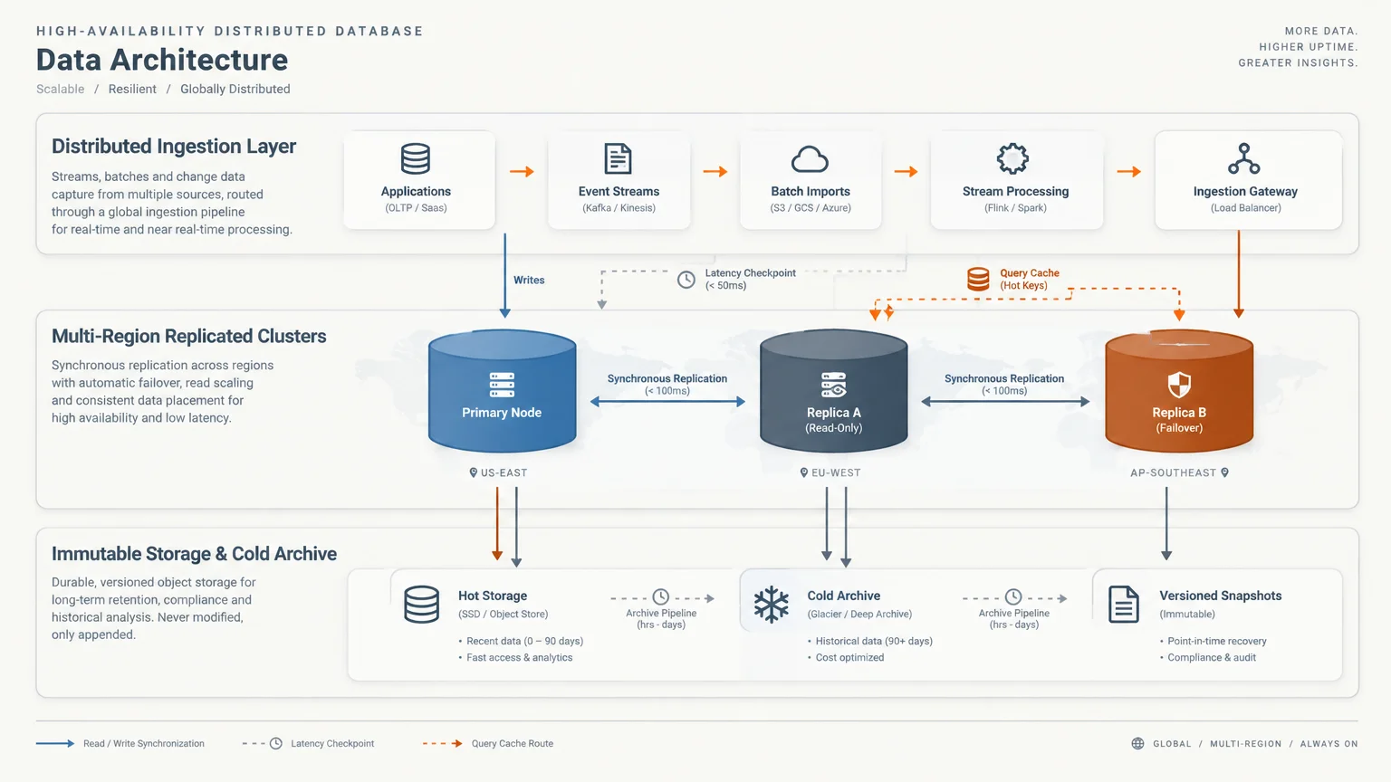 System diagram of a distributed database architecture featuring ingestion, multi-region clusters, and immutable storage.