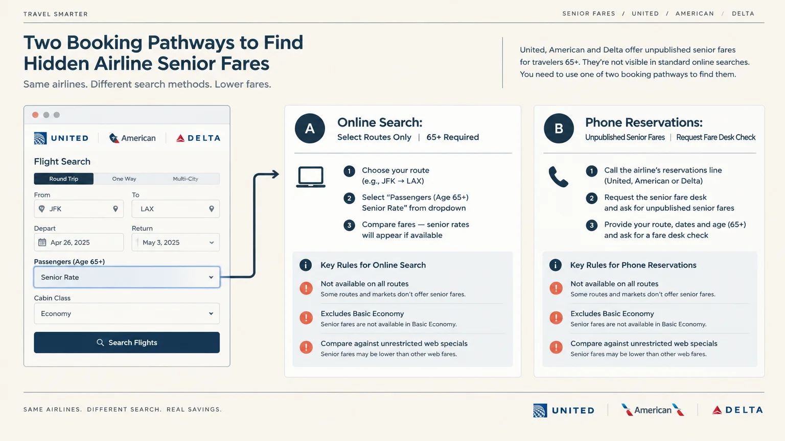 Infographic showing two booking pathways to find airline senior fares via online search dropdowns and phone reservations.