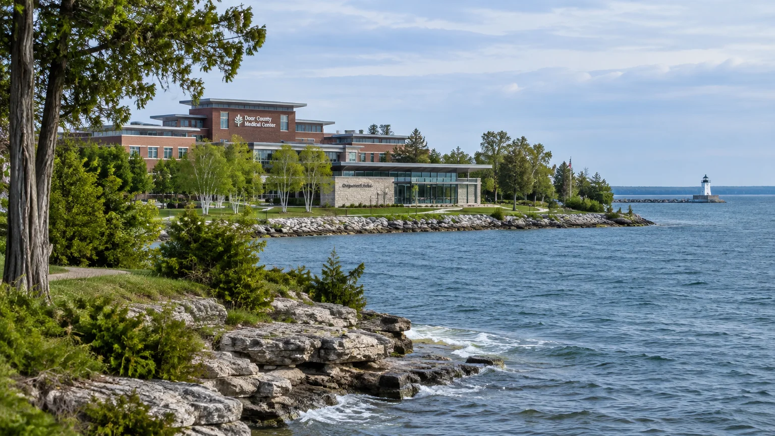 Door County Medical Center on a rocky shoreline with green trees, blue water, and a distant lighthouse.