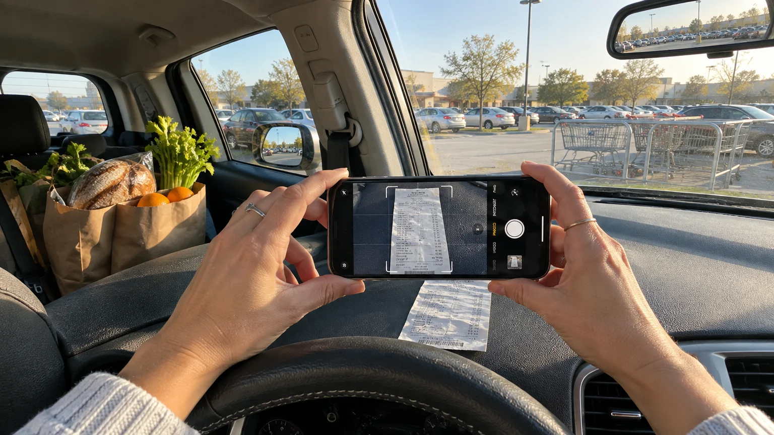 Person in a car using a smartphone to photograph a paper grocery receipt resting on the dashboard.