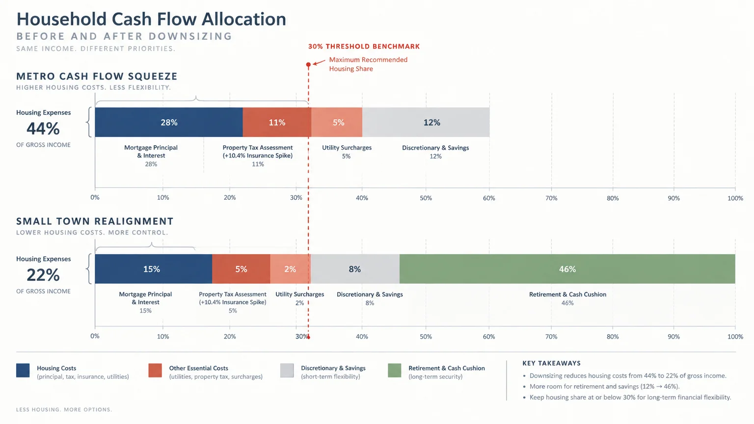 Chart comparing household cash flow allocation before and after downsizing, highlighting a 30% housing threshold benchmark.