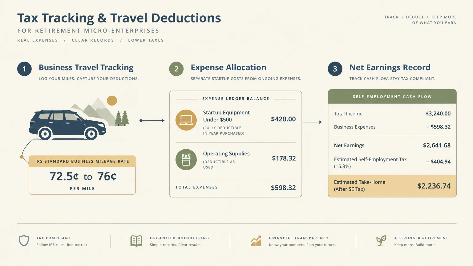 Diagram showing three tax steps: business travel tracking, expense allocation ledger, and net earnings cash flow table.