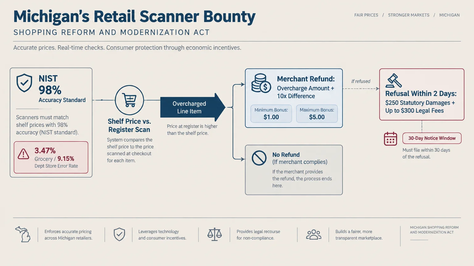 Diagram outlining Michigan's Retail Scanner Bounty process, refund rules, and checkout error rates.
