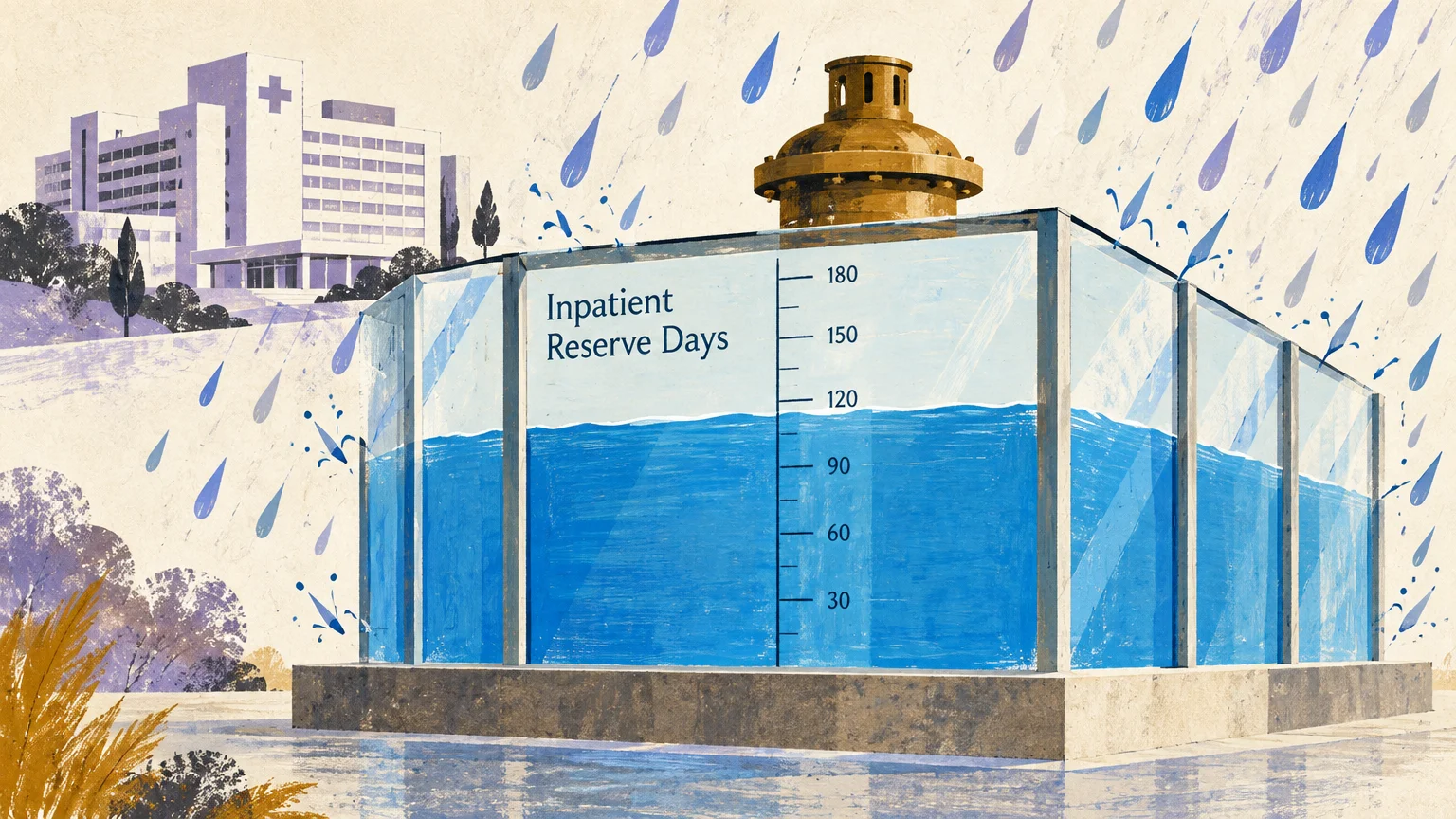 Illustration of a glass water reservoir labeled Inpatient Reserve Days measuring water level, with a hospital behind it.