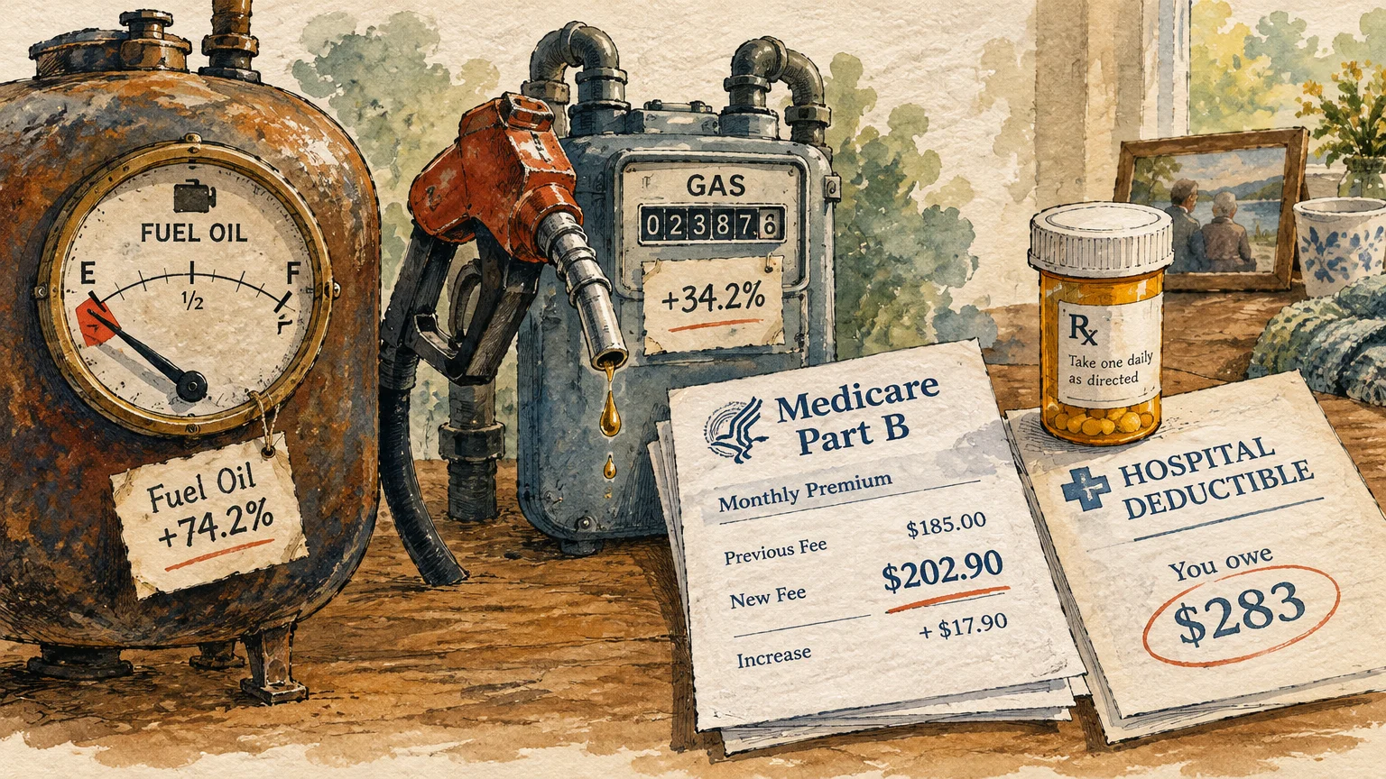 Fuel oil tank, gas meter, Medicare Part B bill, hospital deductible notice, and prescription pill bottle on a table.