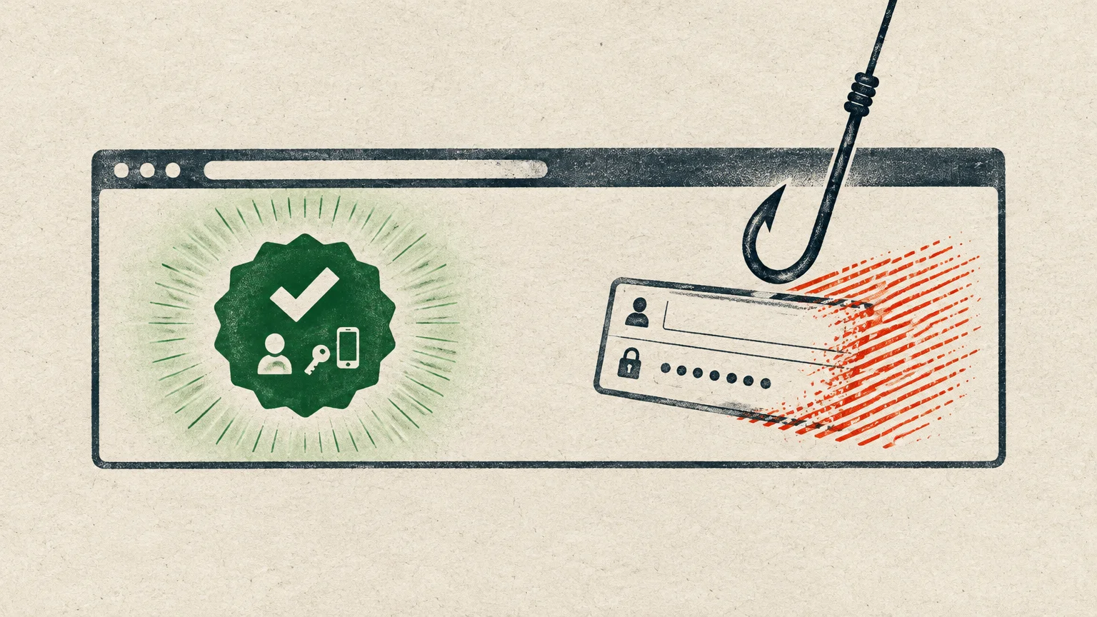 A browser window with a green security badge next to a login credential box snagged by a fishing hook.