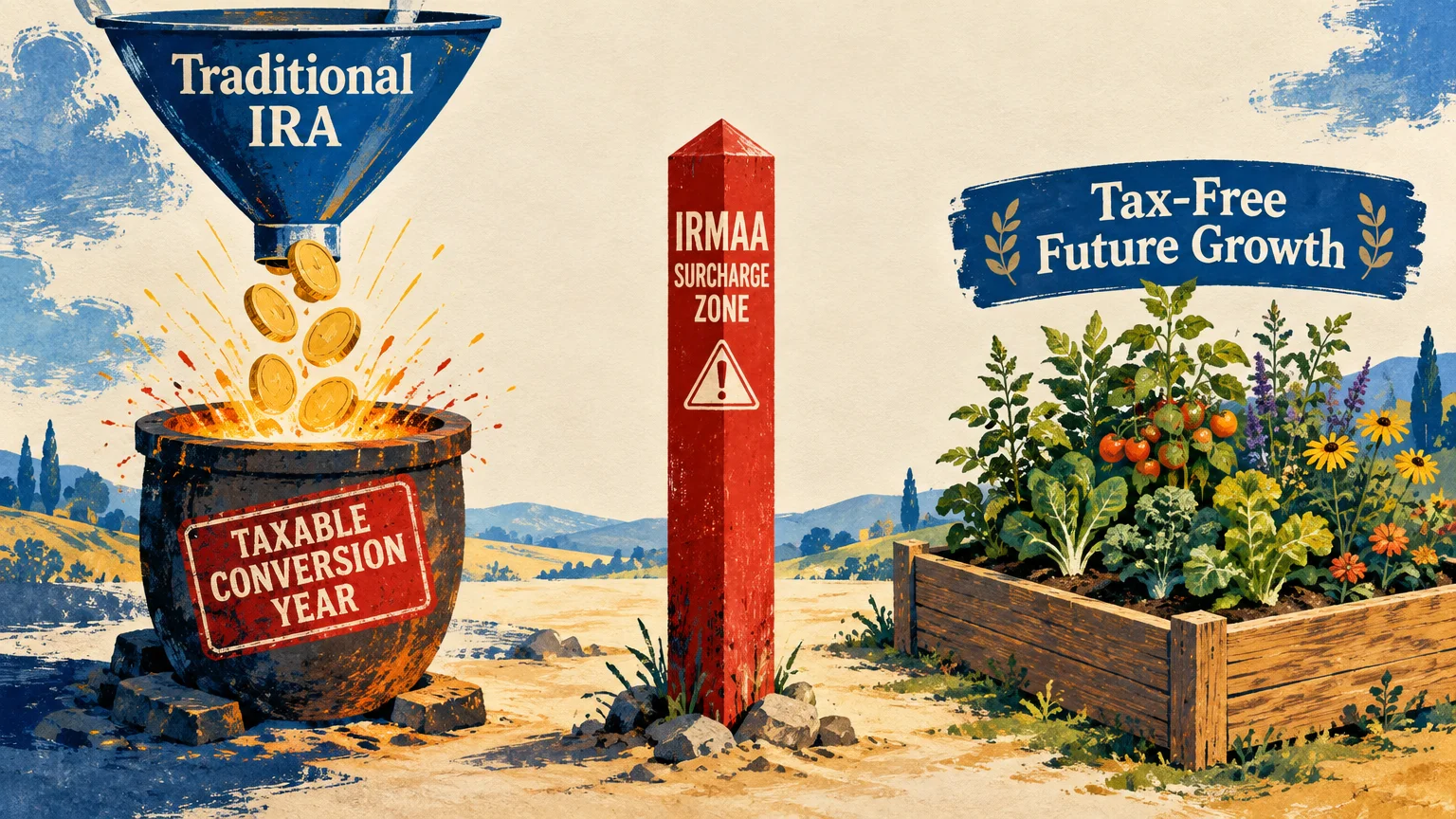 Illustration of an IRA funnel pouring coins into a cauldron beside an IRMAA surcharge post and a garden bed.