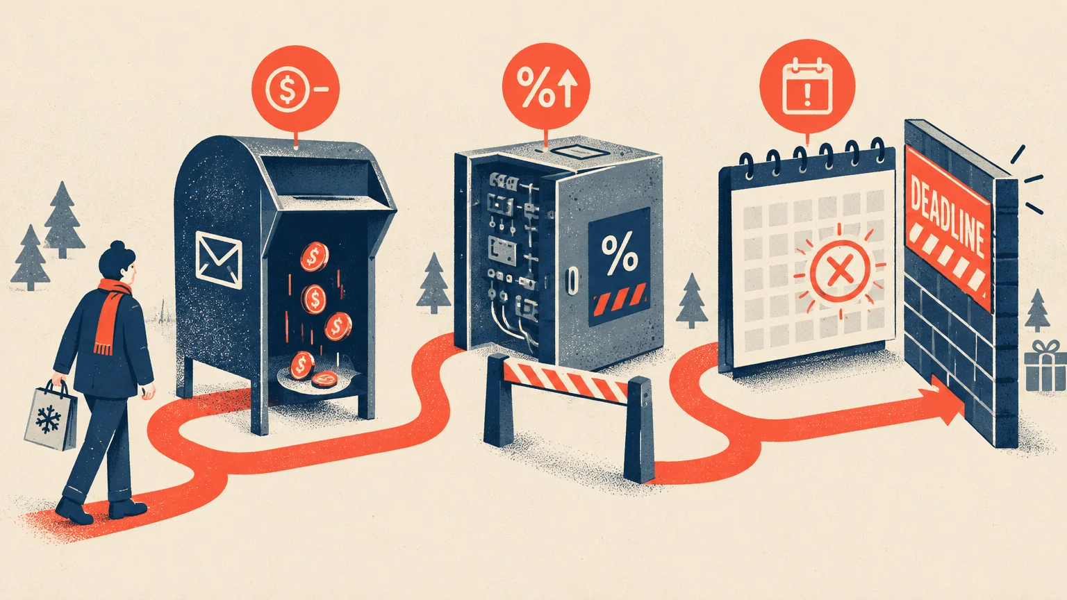 Illustration of a shopper walking along an obstacle course path past a mailbox leaking coins, barriers, and a deadline wall.