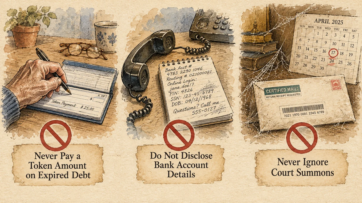 Three panels with red no-symbols showing writing a check, phone banking notes, and an unopened certified mail envelope.