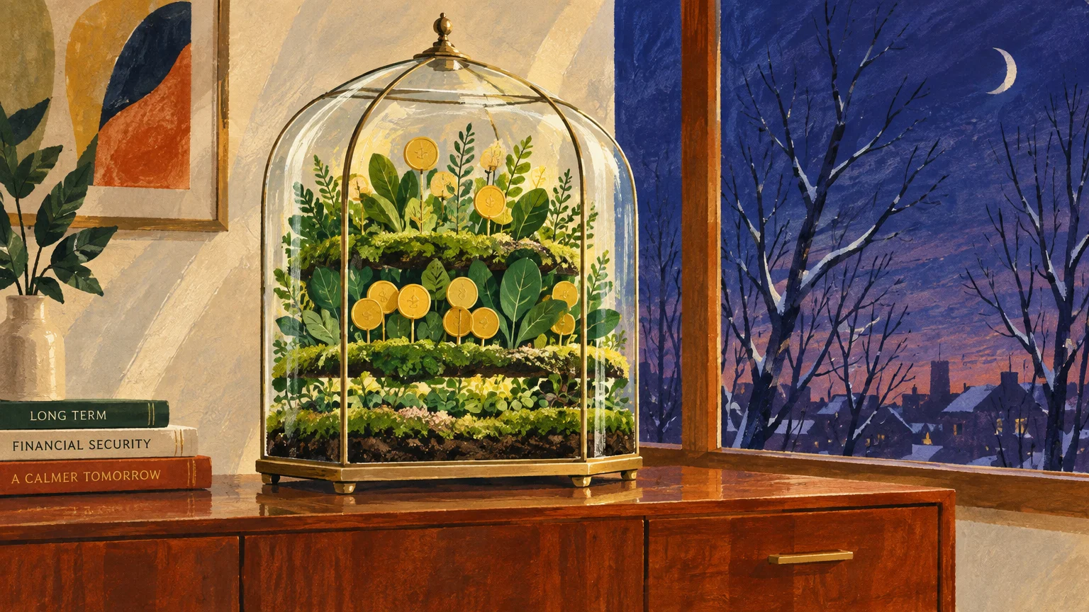 Illustration of a tiered glass terrarium containing lush plants and gold coins on a sideboard by a winter window.