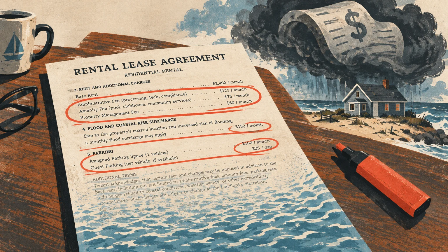 Illustration of a rental lease with circled extra fees beside a coastal cottage under a stormy dark cloud.