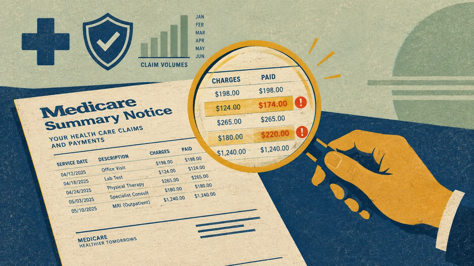 Illustration of a hand holding a magnifying glass over a Medicare Summary Notice to inspect billing discrepancies.