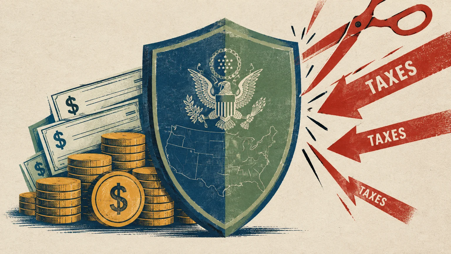 A heraldic shield protects stacks of coins and checks from incoming red arrows labeled taxes and cutting scissors.