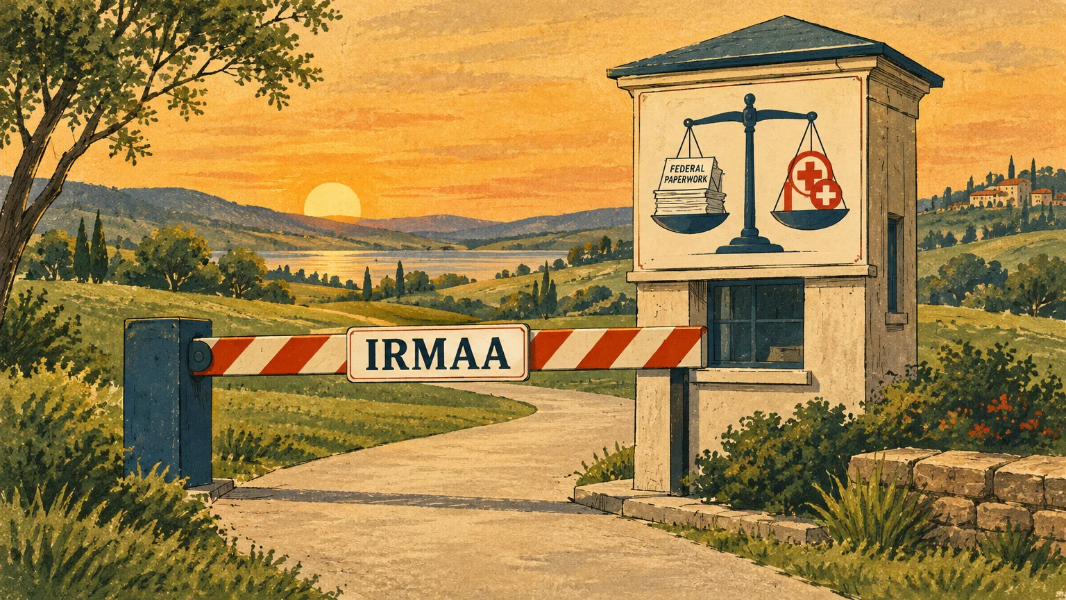 Illustration of a toll barrier labeled IRMAA blocking a scenic road beside a guardhouse with a scale of justice sign.