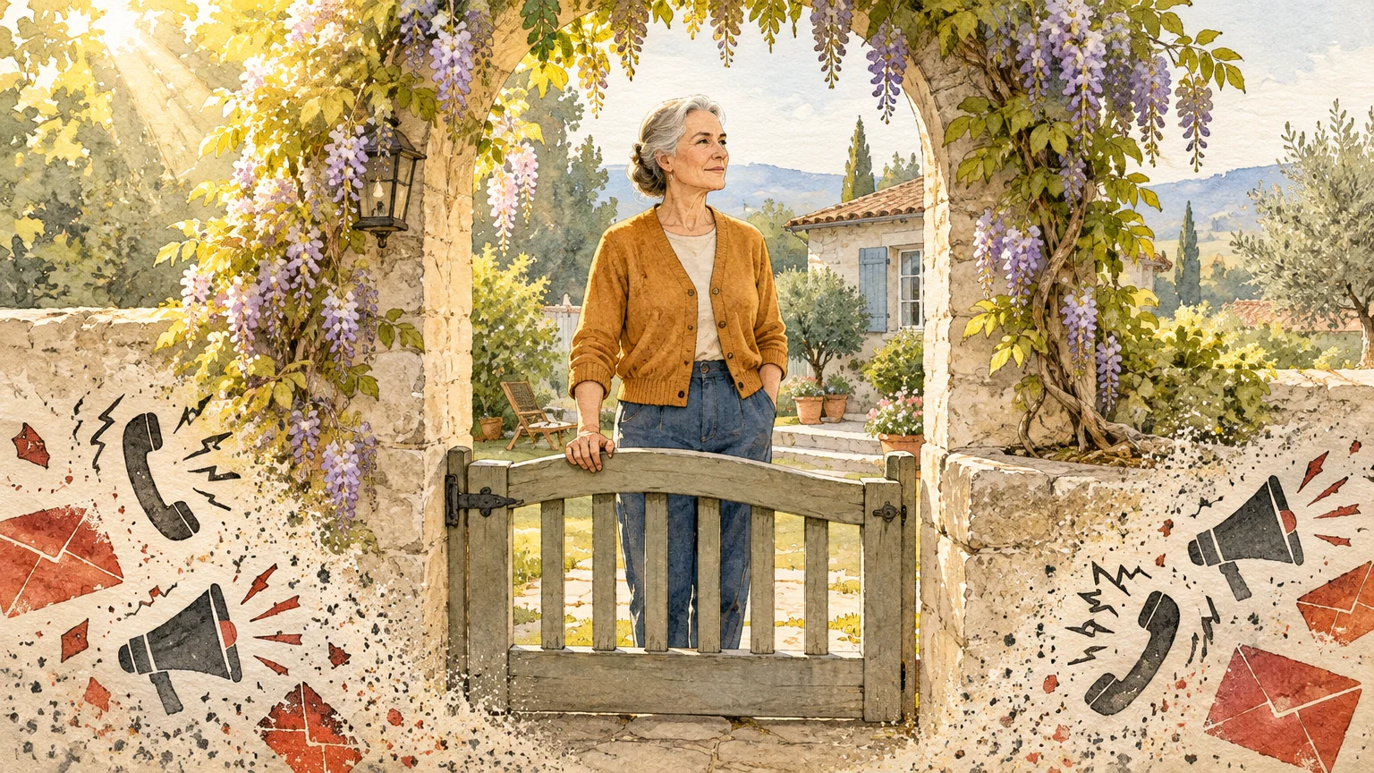 Illustration of a serene senior woman standing behind a garden gate, contrasting with chaotic symbols of calls and letters.