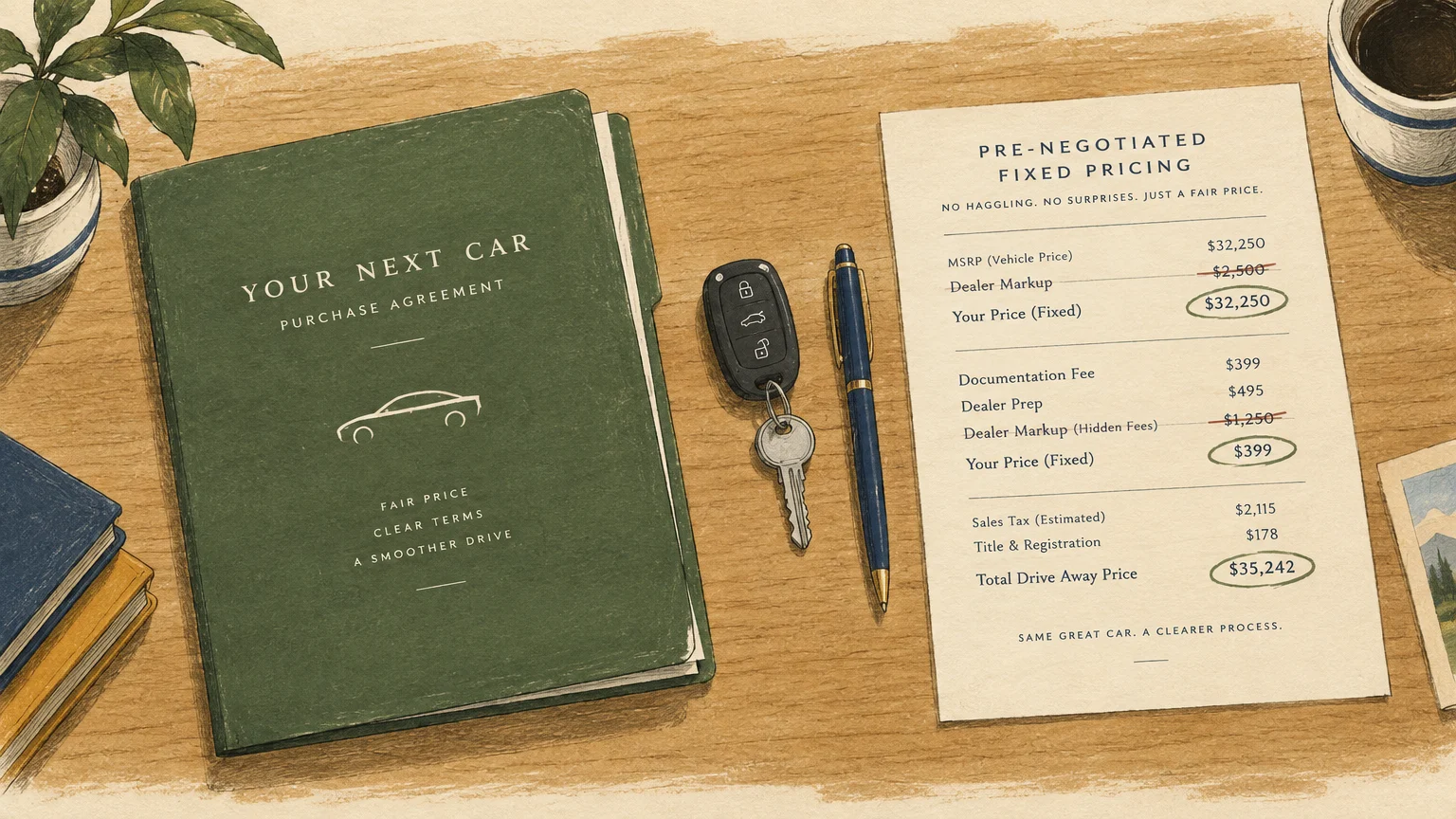 Illustration of a car purchase agreement folder, car key, pen, and a pre-negotiated fixed pricing sheet on a wooden desk.