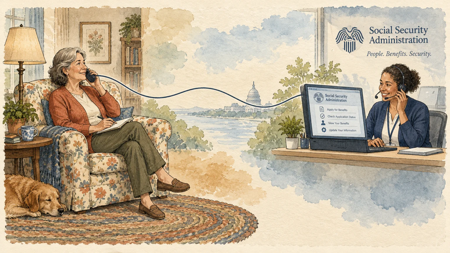 Illustration of a woman on the telephone connected by a wire to a Social Security Administration representative at a desk.