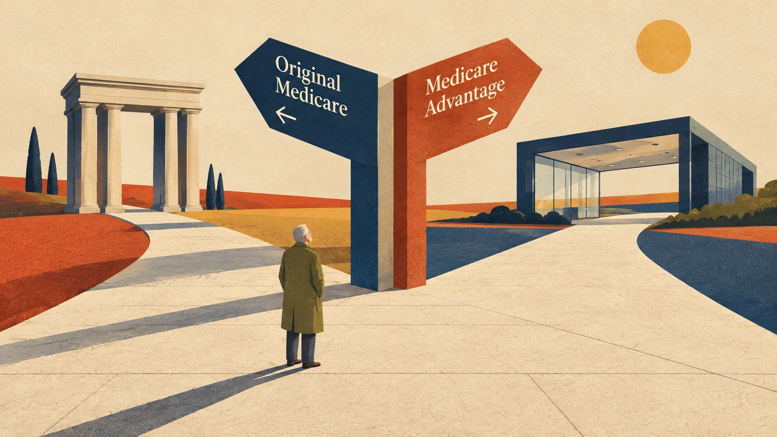 Illustration of a man facing a crossroads sign pointing toward Original Medicare and Medicare Advantage paths.