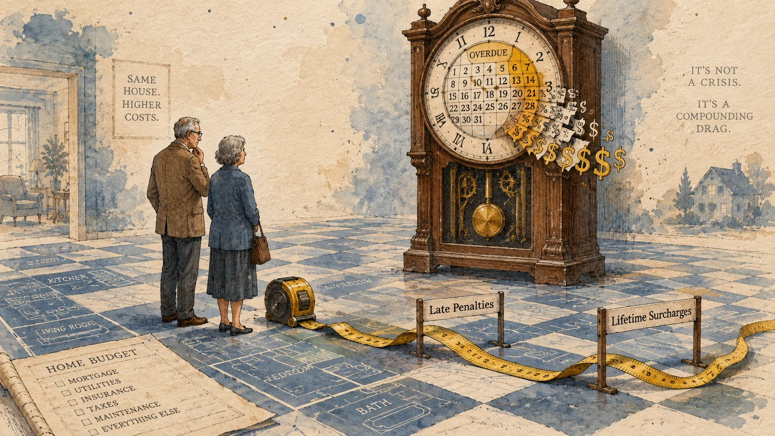 Illustration of an older couple looking at a grandfather clock with a calendar face emitting dollar signs.