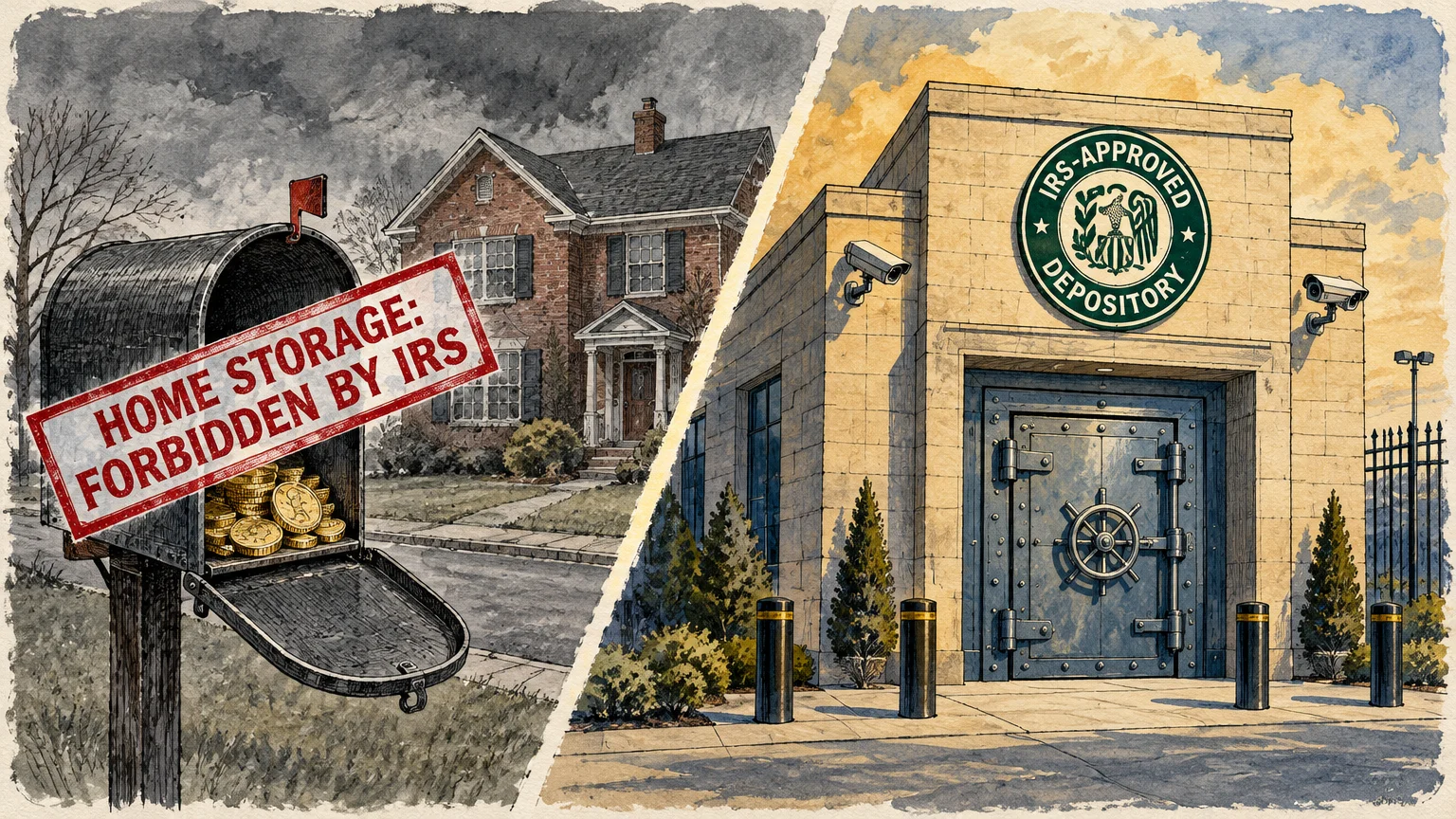 Split scene of a mailbox filled with gold coins next to an IRS-approved depository building with a large vault door.