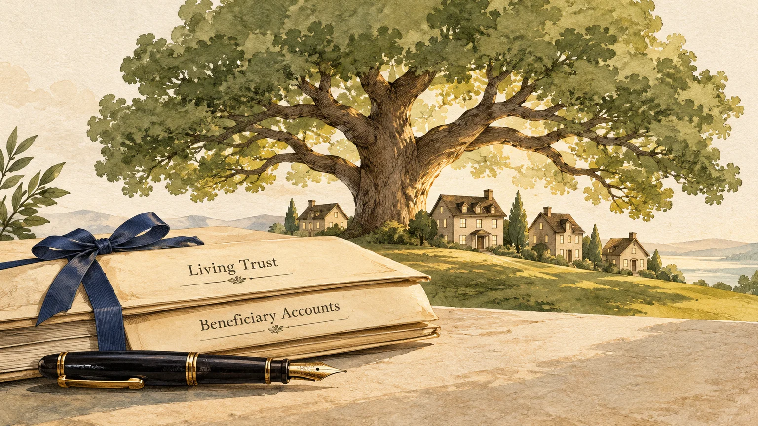 Illustration of stacked estate planning documents and a fountain pen before a large oak tree and countryside houses.